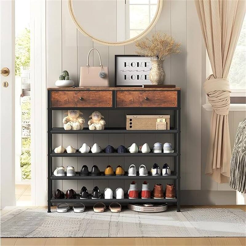 5 Tier Shoe Storage Organizer with 2 Drawers - 36.2"D x 11"W x 36.2"H - 36.2"D x 11"W x 36.2"H - Rustic Brown