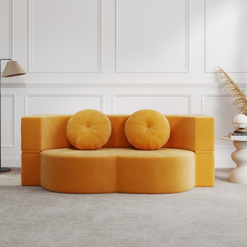 Modern Floor Sofa with 2 Pillows, Convertible Plush Corduroy Foam-Filled Sleeper Sofa Bed, 14.2" Full Size Folding Mattress