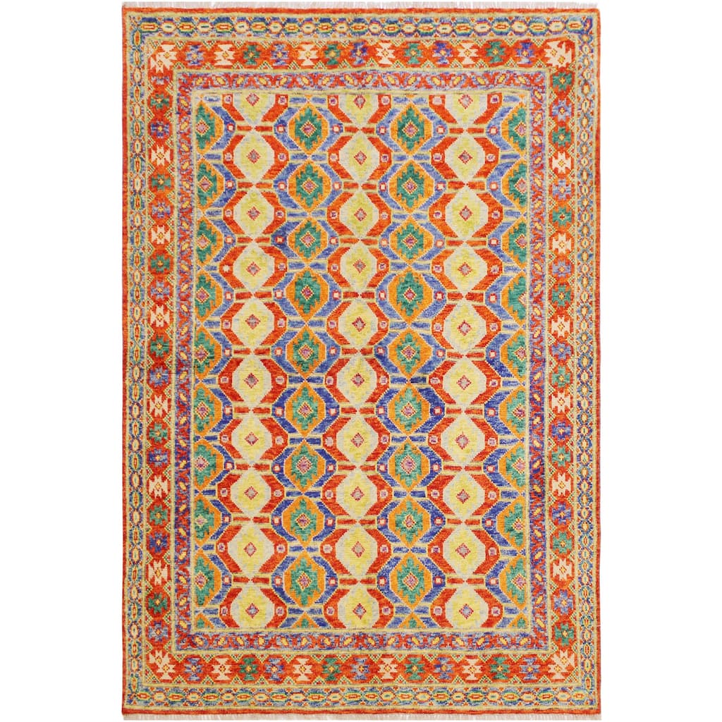 Rustic Balochi Contreras Red/Blue Hand Knotted Wool Rug - 5'8'' x 8'0''