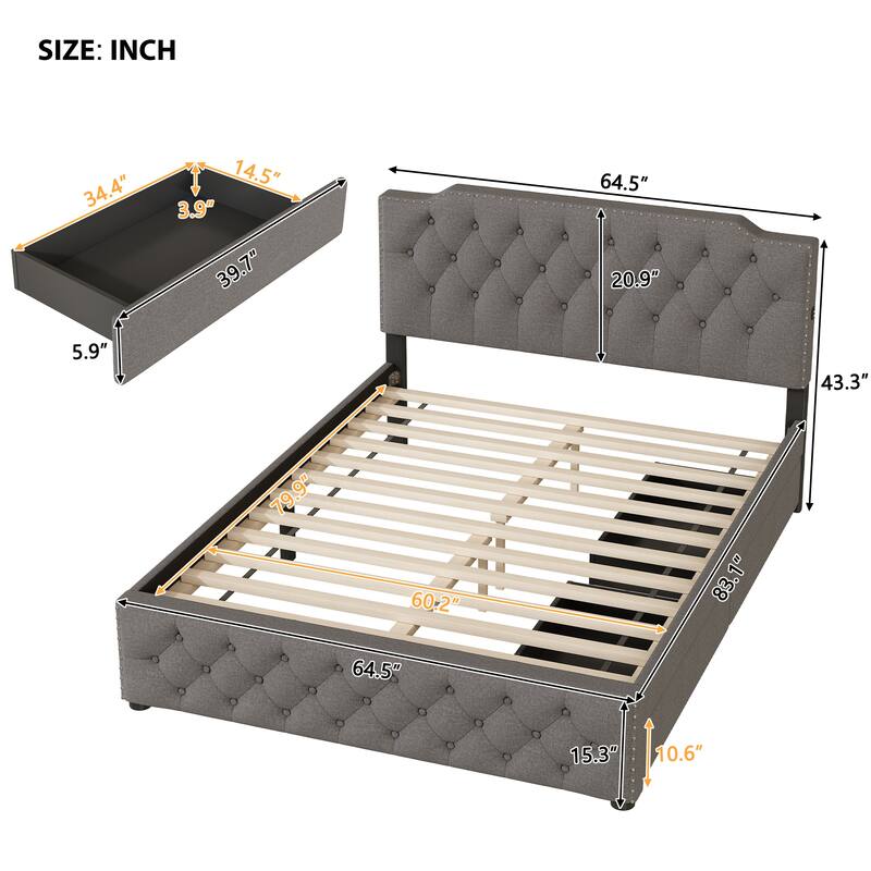 Linen Upholstered Platform Bed Button-Tufted Headboard Wood Panel Bed Frame with 2 Drawers or Trundle Bed, USB on Both Sides