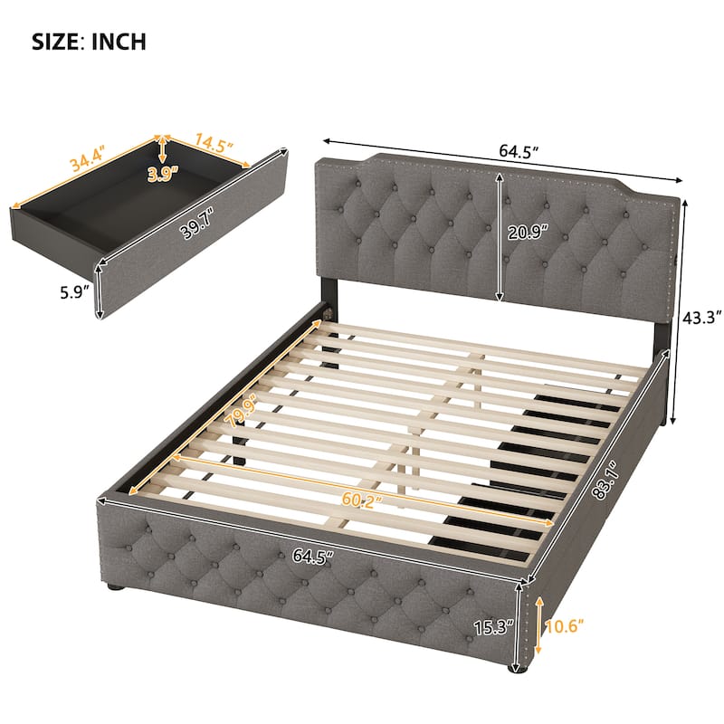 Queen Size Linen Upholstered Platform Bed with 2 Drawers and 4 USB Ports, Button-Tufted Design