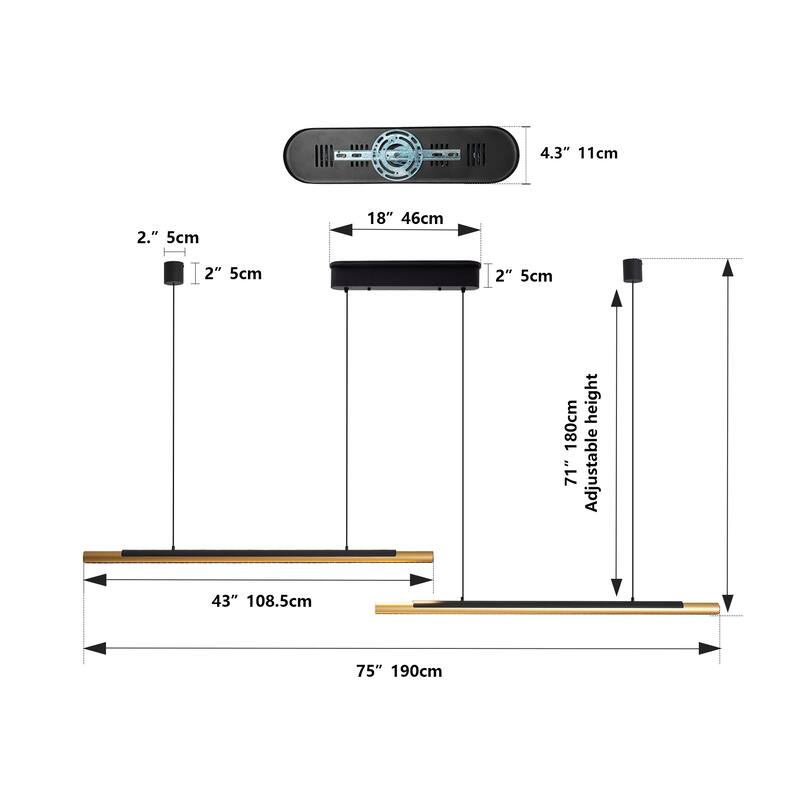 75" Black Gold LED Pendant - Adjustable - Dual Tube - Dining Kitchen