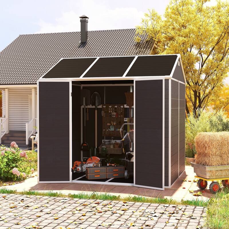 8*7ft Outdoor Storage Shed, Outdoor Resin Shed with Two-Window and Double-Door, Plastic Shed with Floor for Garden, Yard, Lawn