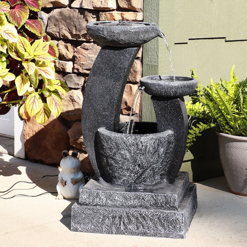 28" Modern Cascading Bowls Solar Water Fountain with Battery & LED