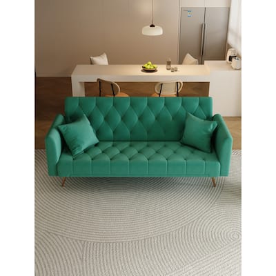 71'' Velvet Upholstered Convertible Folding Sofa Bed: Gold Metal Legs