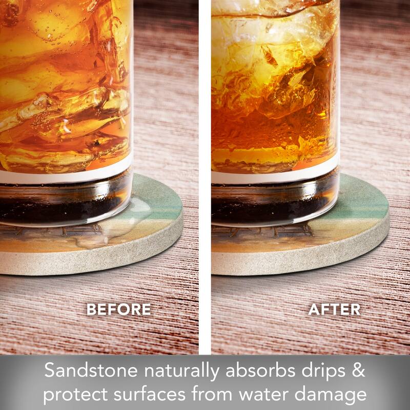 By the Shore 4 Pack Round Natural Sandstone Coasters with Protective Cork Backing Manufactured in The USA
