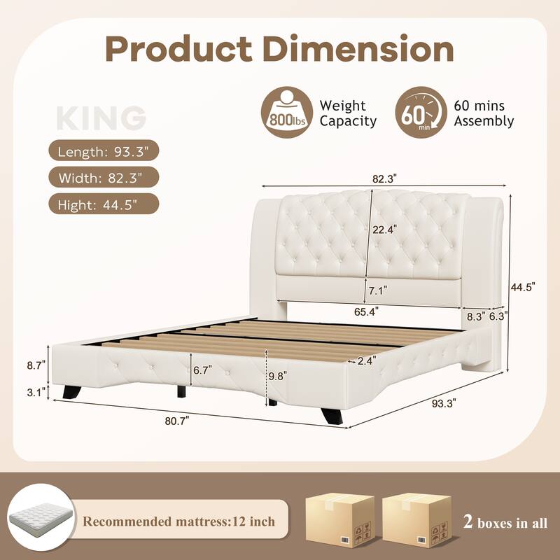 Christopher Knight Home - Modern Upholstered Platform Bed with Wood & Metal Frame - with 44.5" Tall Button-Tufted Headboard