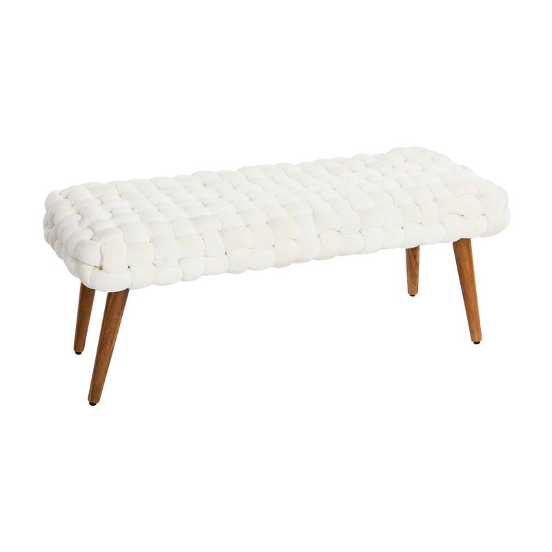 Chunky Woven Velvet Entryway Bench with Wood Legs - Cream and Natural