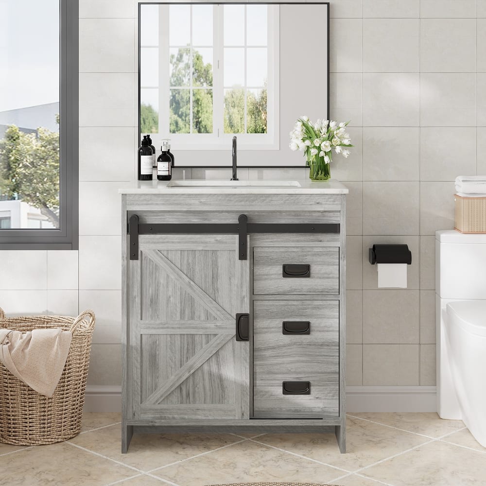 EROMMY Farmhouse Bathroom Vanity with Ceramic Top and Sliding Barn Door Sink Cabinet, Rustic Single Sink Vanity