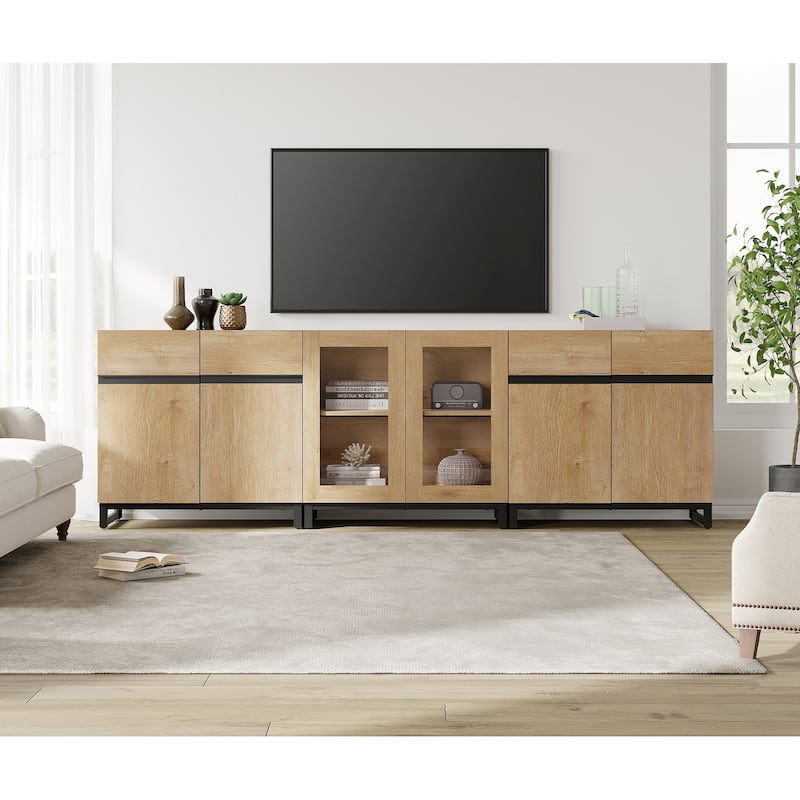 Modern TV Stand for Tvs Up to 100 Inch, 3 In 1 TV Console with Glass Doors and 2 Drawers, Entertainment Centerf or Living Room