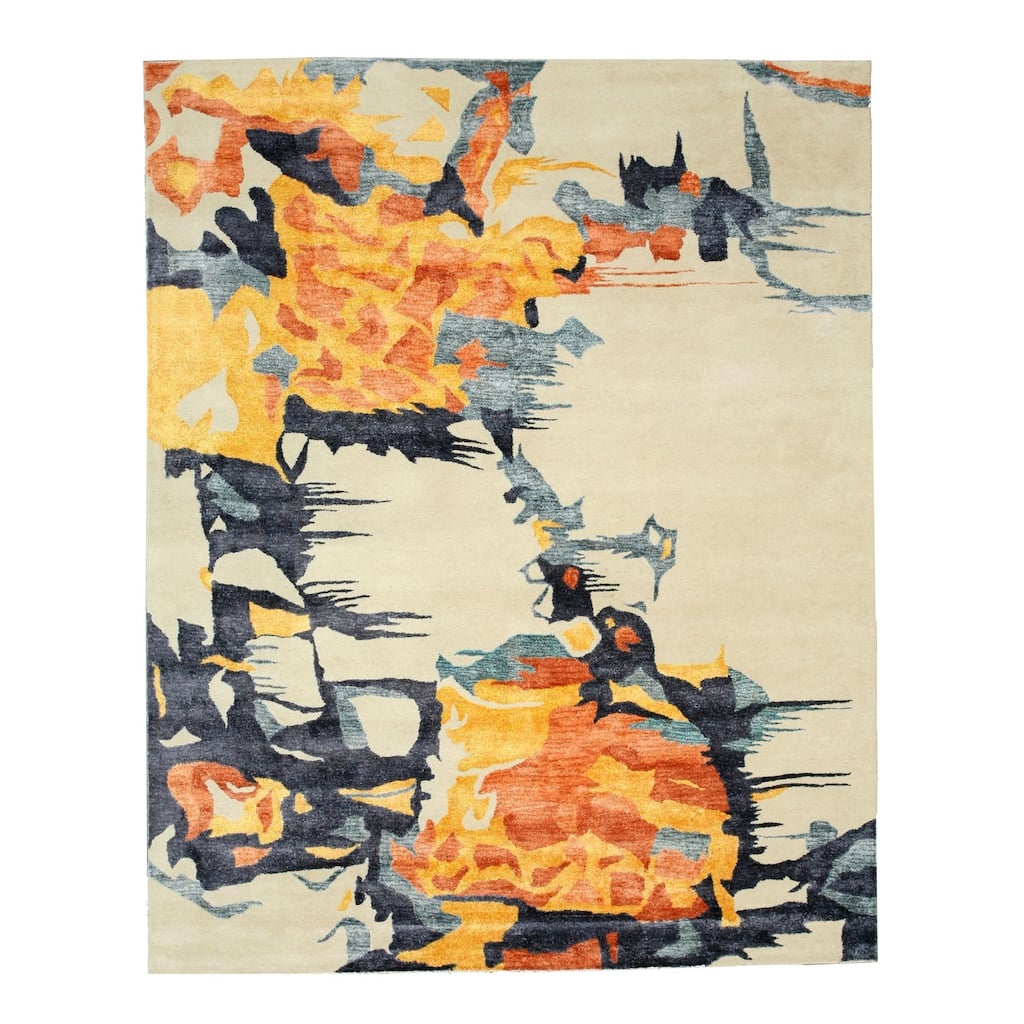 Contemporary Ivory Wool & Viscose Hand-Tufted Area Rug, 9'6 x 13'6 - Abstract design with bright modern colors. - N/A
