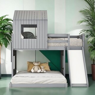 Twin Over Full House Bunk Bed with Ladder, Slide, Grey