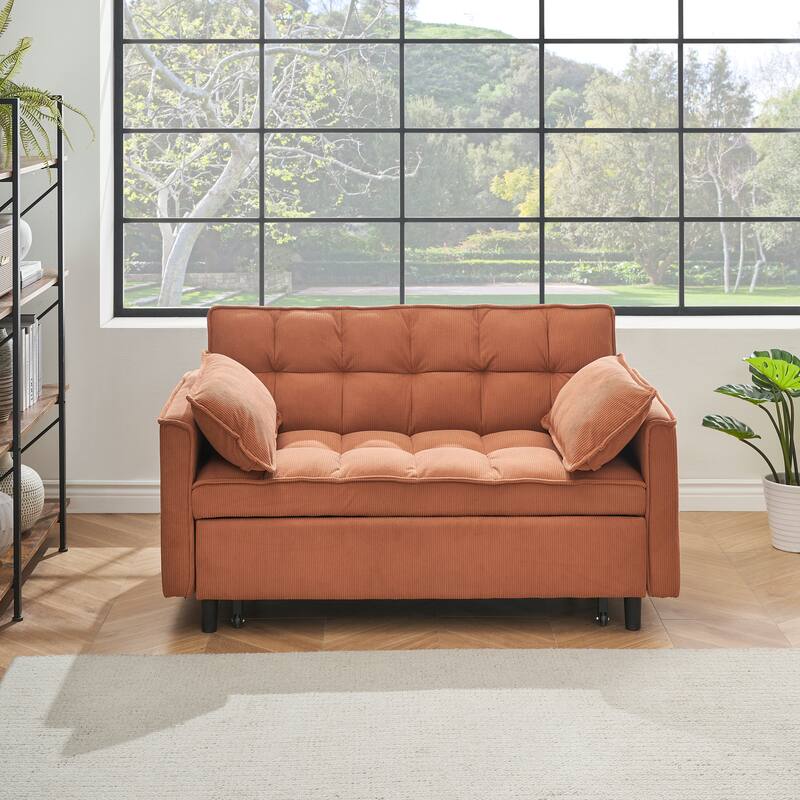 Corduroy Pull Out Loveseat Sofa Convertible Sleeper Love Seat Bed Adjustable Backrest Tufted Couch w2 Pillo & Pockets - Orange