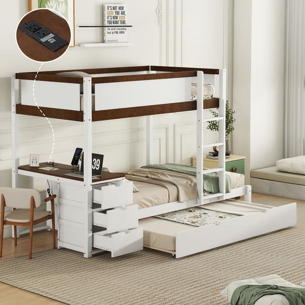 slide 2 of 15, Twin Over Twin Bunk Bed with Twin Trundle, Desk & 3 Storage Drawers, Wooden Low Bunkbeds with USB Ports, for Kids Teens Bedroom White+Walnut - Twin
