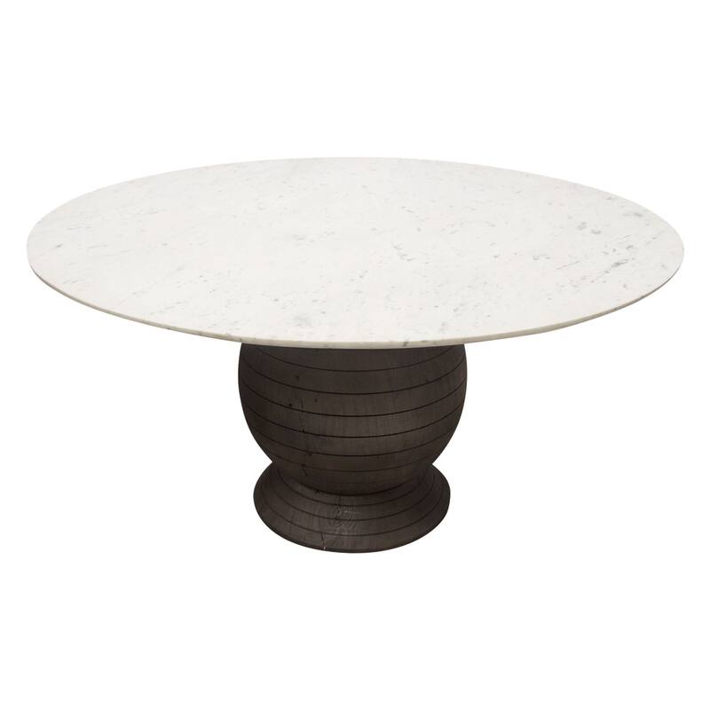 Hizy Dining Table, 60 Inch, Round White Marble Top, Acacia Wood Base - White, Espresso Brown