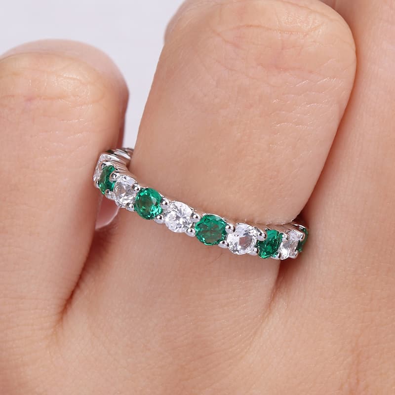 Miadora Created Emerald and Created White Sapphire Stackable Full-Eternity Band Ring in Sterling Silver