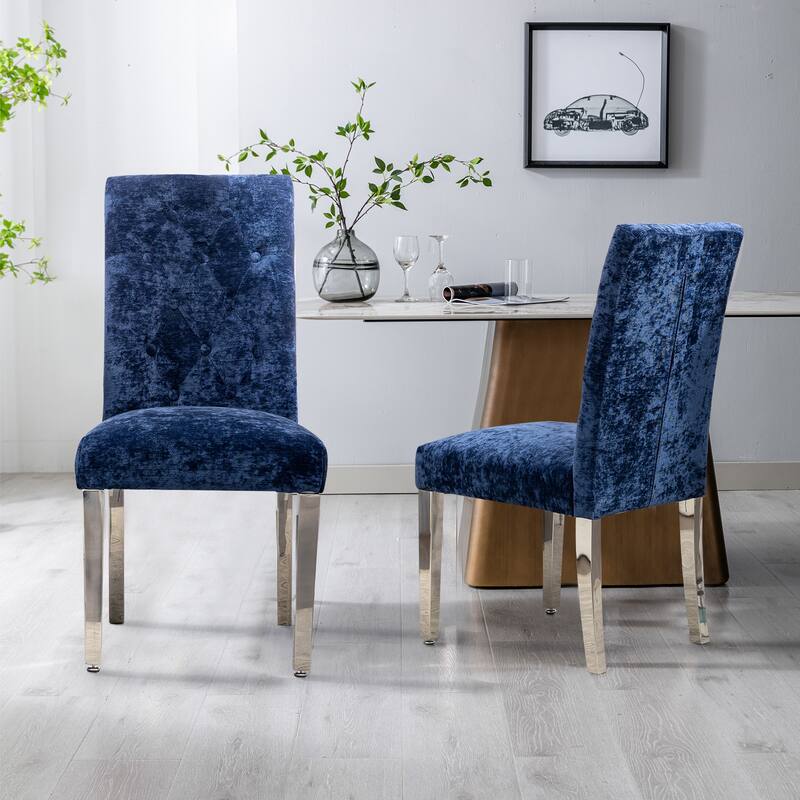 Set of 2 Modern Dining Chairs with Plush Velvet Upholstery & Sturdy Stainless Steel Legs - Deep Blue - Blue