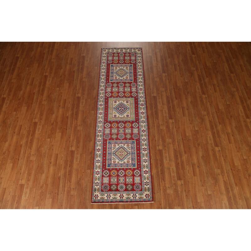 Red Traditional Geometric Kazak Oriental Wool Runner Rug Hand-knotted - 2'9" x 9'9"