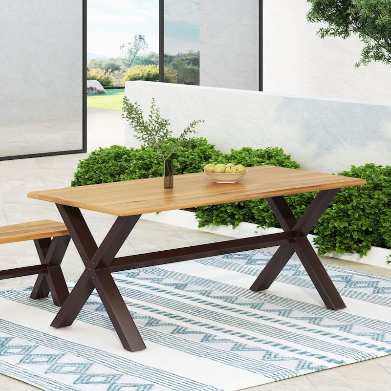 Roomfitters Rectangular Outdoor Dining Table, Wooden Patio Table with X-Shaped Metal Legs for Garden or Deck, Teak