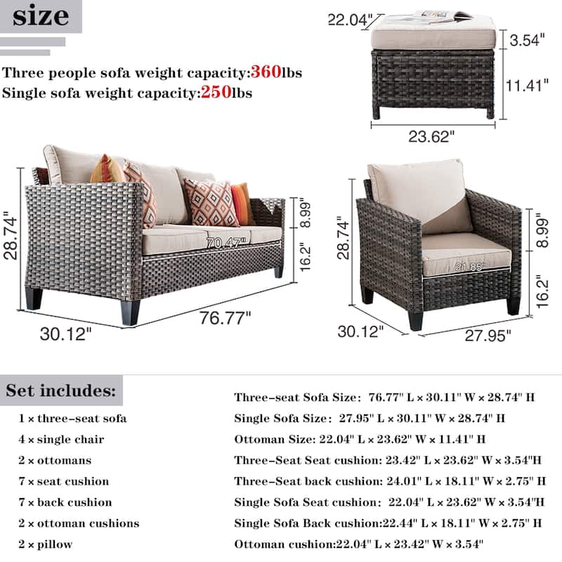 OVIOS 7-piece Patio Outdoor Wicker Conversation Set