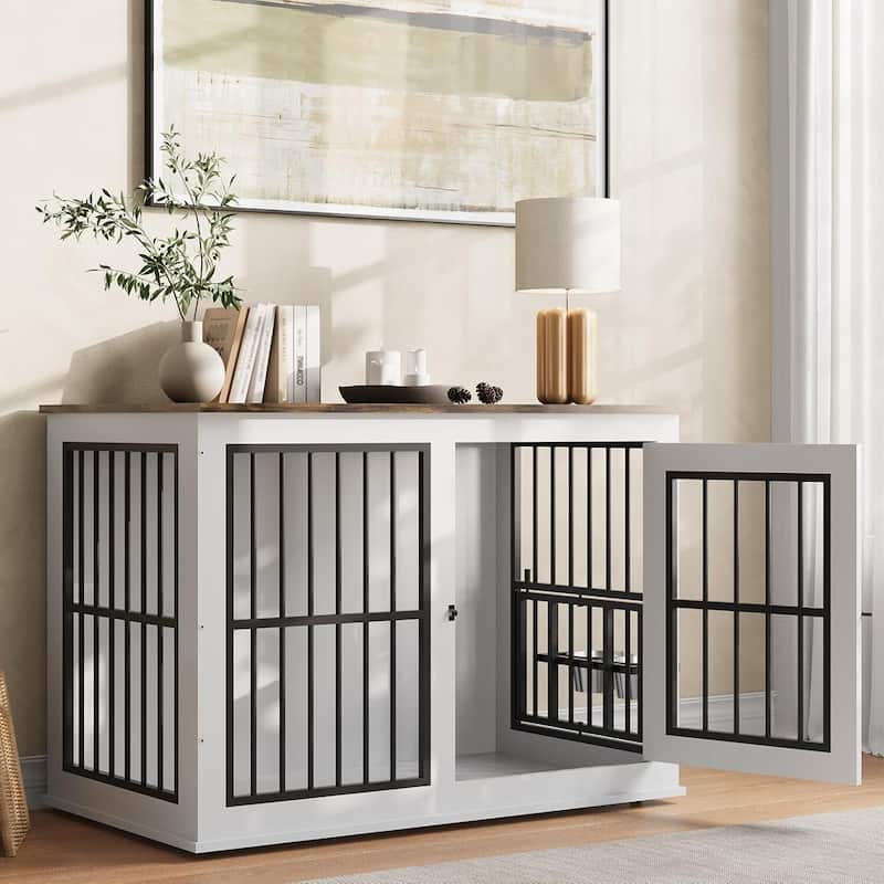 Heavy Duty Indestructible Dog Cage, Dog Crate Furniture for Large Medium Small Dogs - White