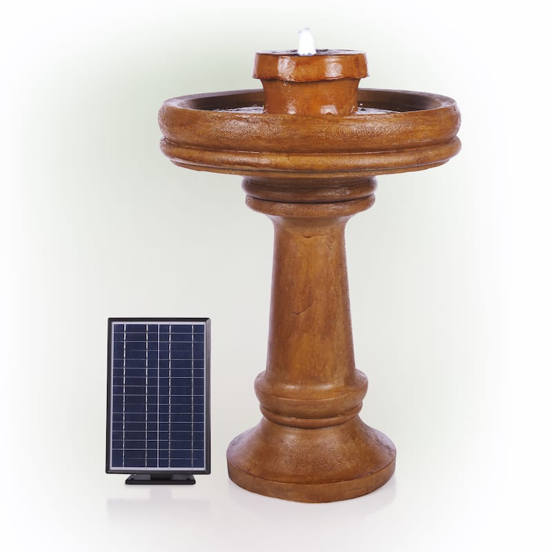 Alpine Corporation TZL202SLR 29" Brown Outdoor Solar Powered Pedestal Birdbath Fountain with LED Lights