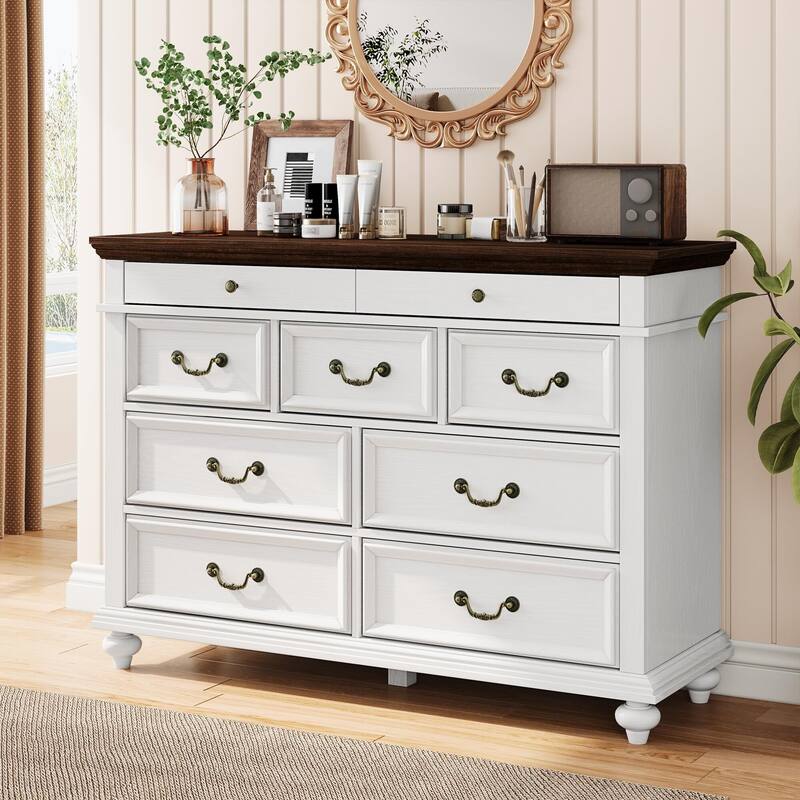 Farmhouse 9 Drawers Dresser for Bedroom, 47" Wide Wood Rustic Chest of 9 Drawers with Metal Handles, Vintage Design