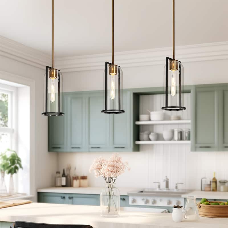 Modern 1-Light Black Gold Kitchen Island Pendant Light with Clear Glass for Dining Room - D6" x H12.5" - Black&brass