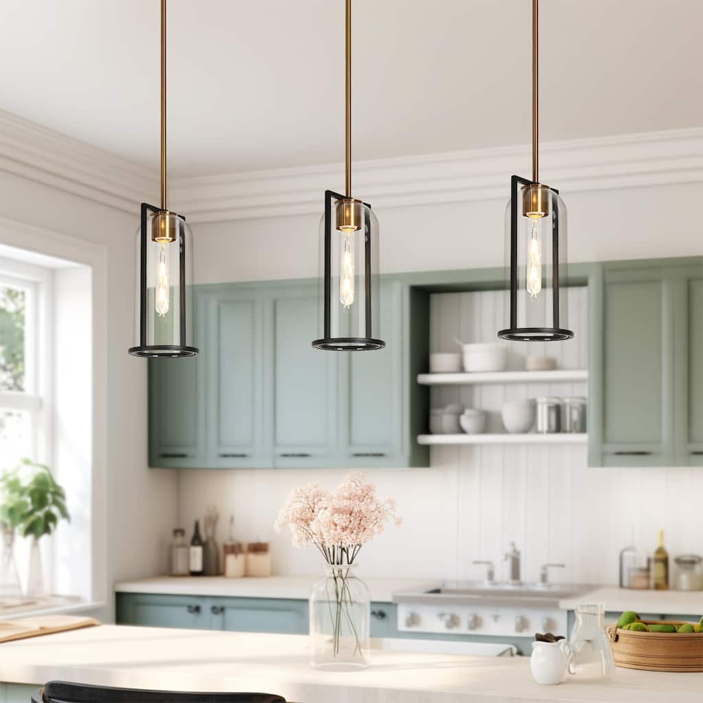 Modern 1-Light Black Gold Kitchen Island Pendant Light with Clear Glass for Dining Room
