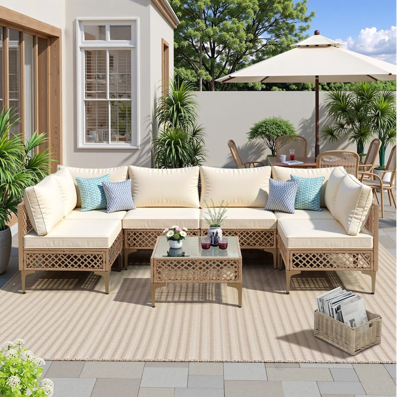 7-Piece Wicker Patio Conversation Set with Cushions,6 Sofas, 1 Table
