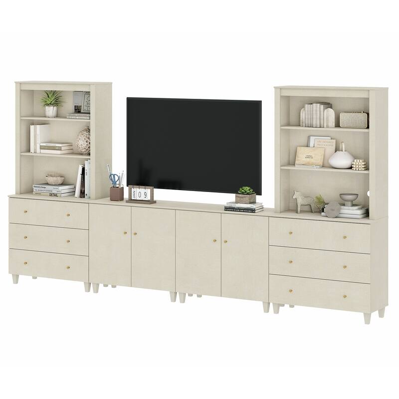 WAMPAT Modern Entertainment Center with Bookshelves for 75" TVs - Beige Linen Printed - 6 Drawers & 2 Cabinets