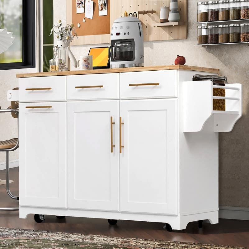 59.3" Rolling Kitchen Island with Storage and Pull-Out Organizers Rubber Wood Drop Leaf Rolling Design for Versatile Use - White