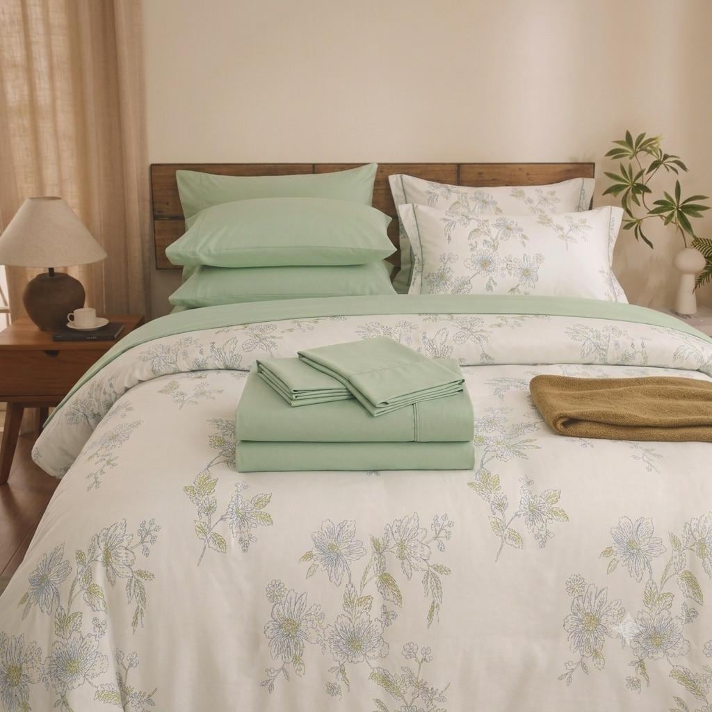 Julie Ann Floral Green 7 pcs Natural Cotton Oversized Comforter Set