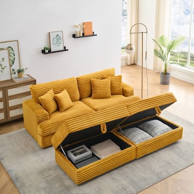 Orange Corduroy Sleeper Sectional Sofa Bed, Loveseat Couch & Storage Ottomans Set with Pillows and Removable Cushions