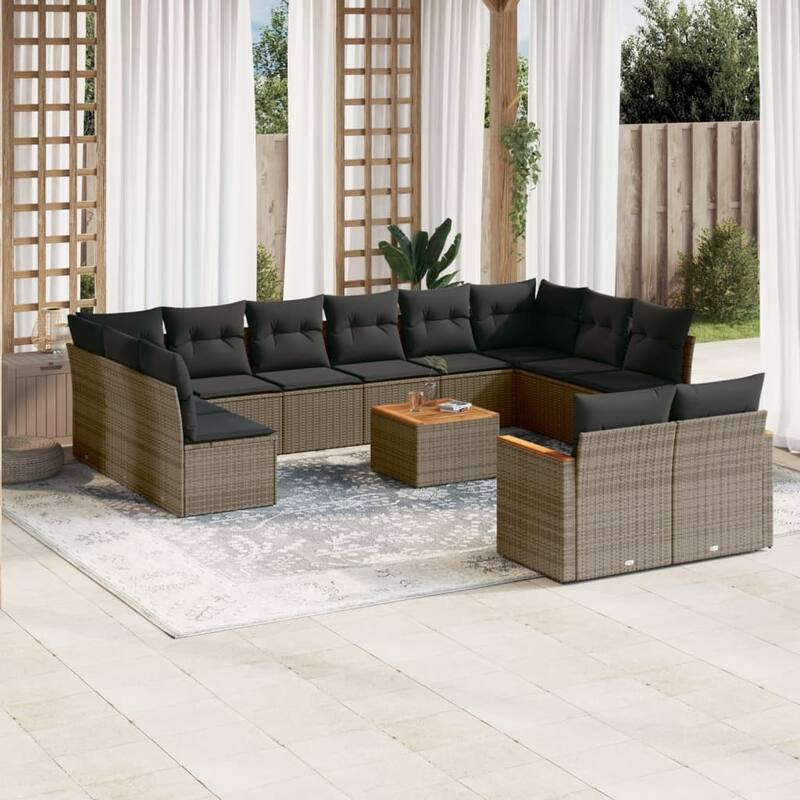 vidaXL Patio Sofa Set with Cushions Outdoor Conversation Furniture Poly Rattan - 24.4 x 24.4 x 27.2 in - Gray with table