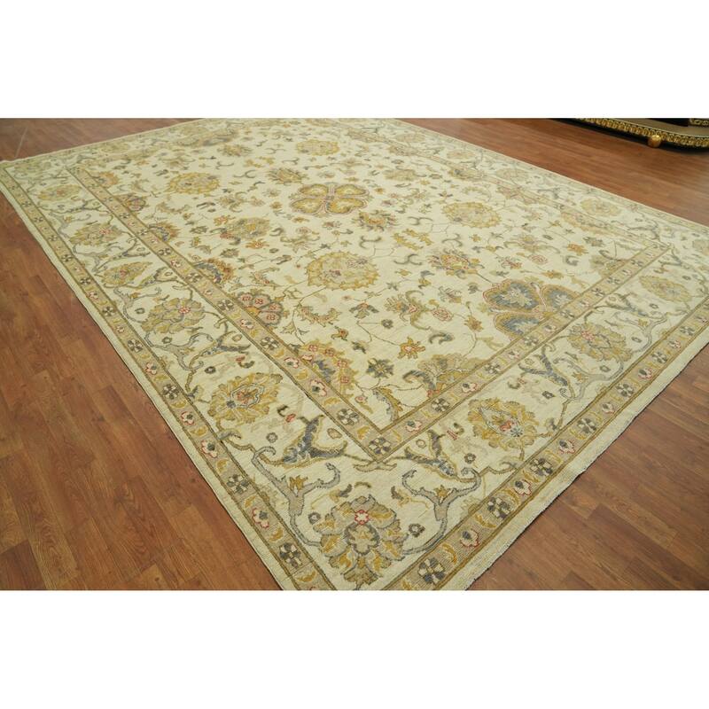 Handmade Floral Oushak Vegetable Dye Large Rug, Floral Geometric Carpet - 13' 8'' X 10' 1''