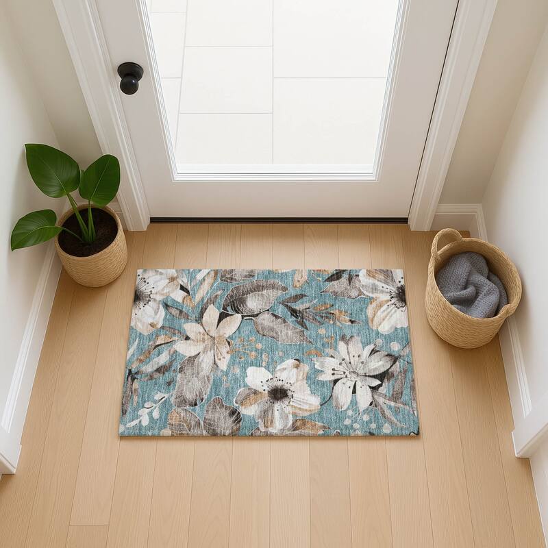 Machine Washable Indoor/ Outdoor Floral Chantille Rug