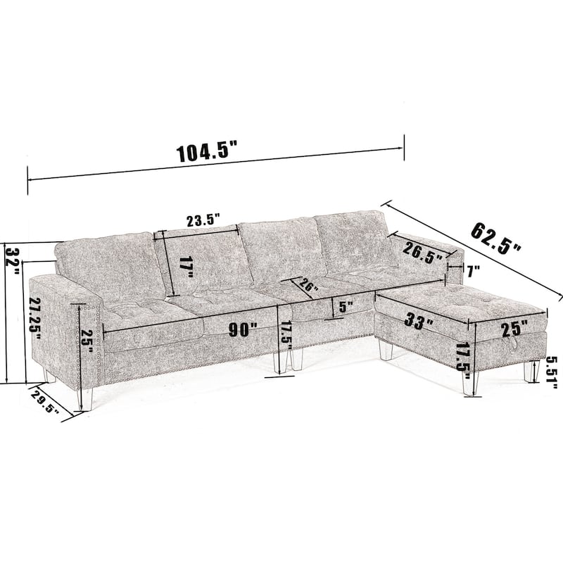 5 Seat L-Shaped Convertible Sectional Sofa Chaise with Storage Ottoman
