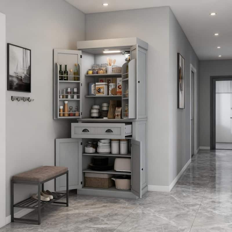 Nordic Style Kitchen Pantry with LED Lights, 6 Door Shelves, Drawer & 4 Adjustable Shelves