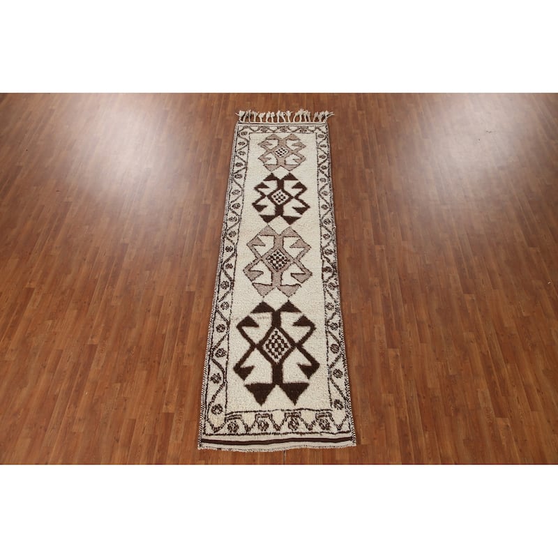 Natural Dye Beige Anatolian Runner Rug Handmade Oriental Wool Carpet - 3'4"x 11'7"