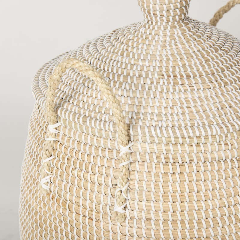 Kairi Light Brown Seagrass Floor Baskets With Lids And Handles (Set of 2) - 20.9L x 20.9W x 29.9H
