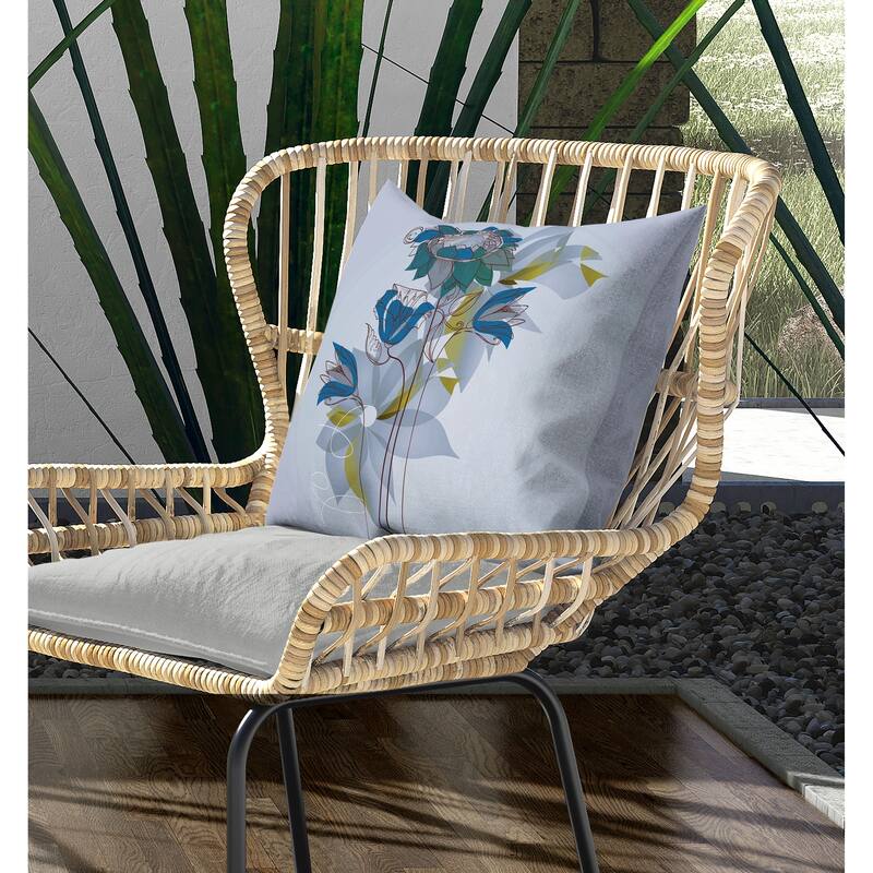 Flowers Line Art Indoor/Outdoor Reversible Throw Pillow Sky and Blue