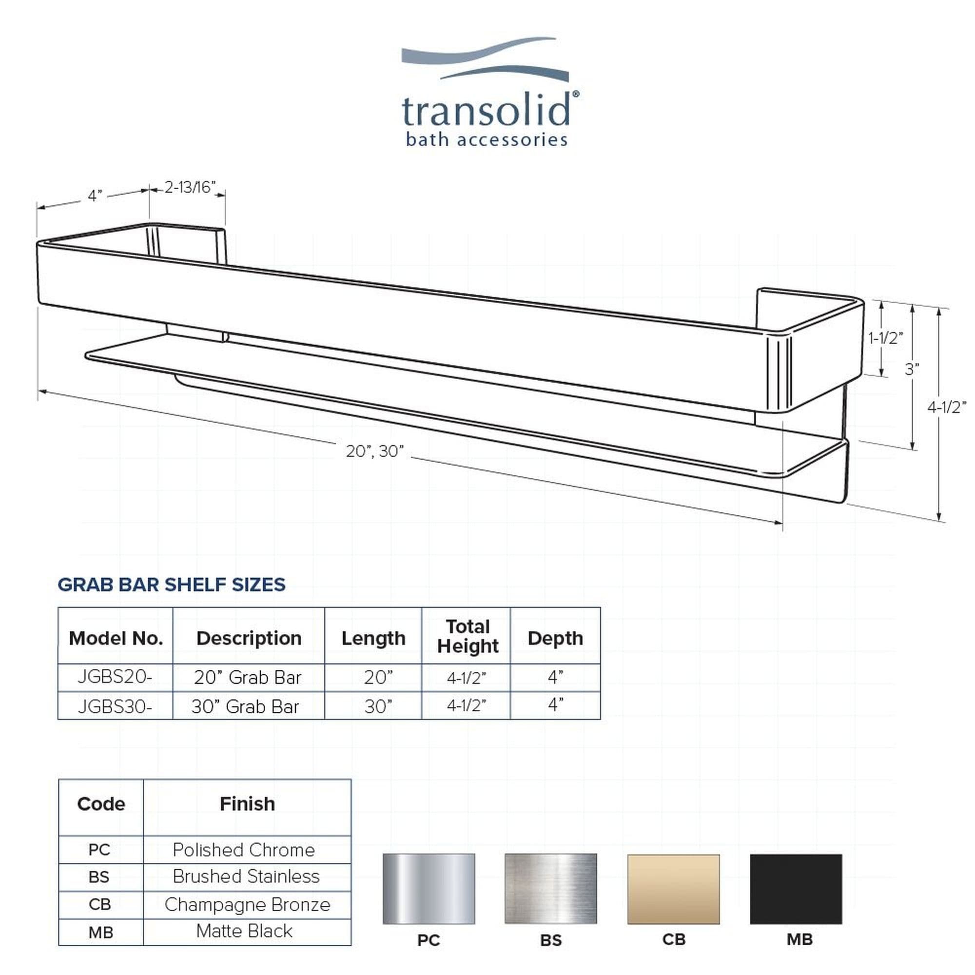 Transolid JGBS20 Jocelyn 20-in Grab Bar Shelf - 20x4x3 - On Sale
