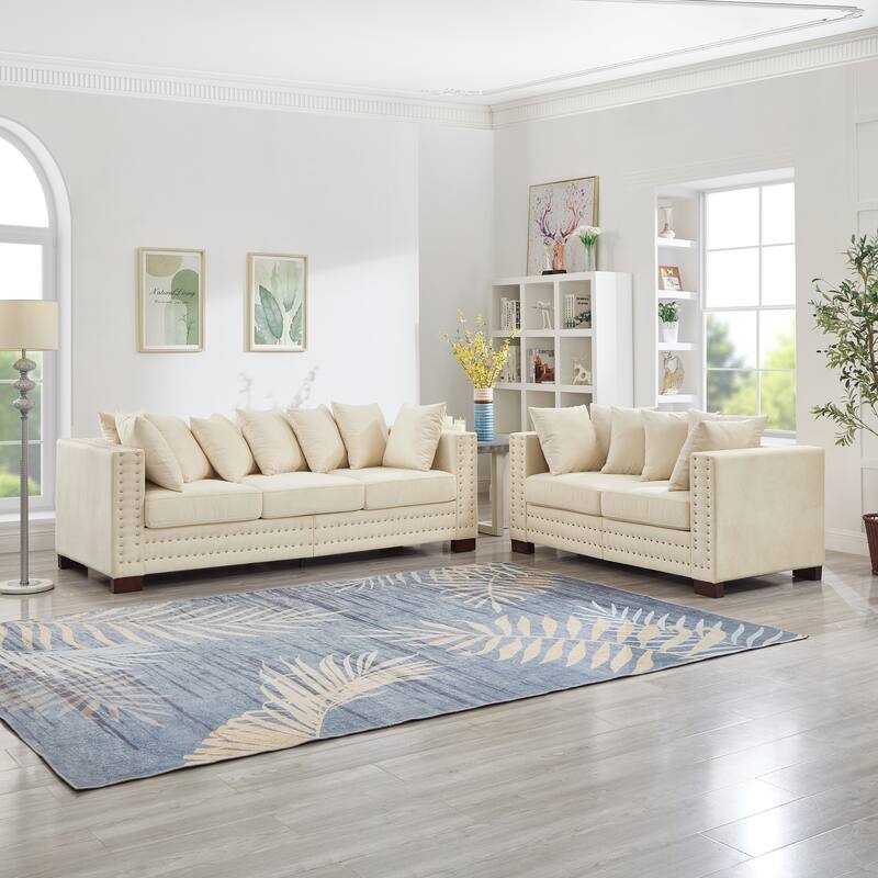 Velvet Upholstered Storage Sofa Set with Loveseat Sofa and 3 Seater Couch, Square Armrests with Silver Nails Decoration
