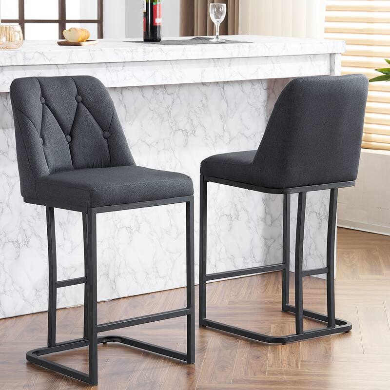 Bar Stool Set of 2, Upholstered Bar Stool with Button-Tufted Backrest, Counter Height Armless Chair with Sturdy Metal Frame - Grey