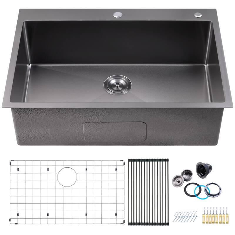 30 in. Drop-In/Undermount Single Bowl 16 Gauge Brushed 304 Stainless Steel Kitchen Sink with Accessories