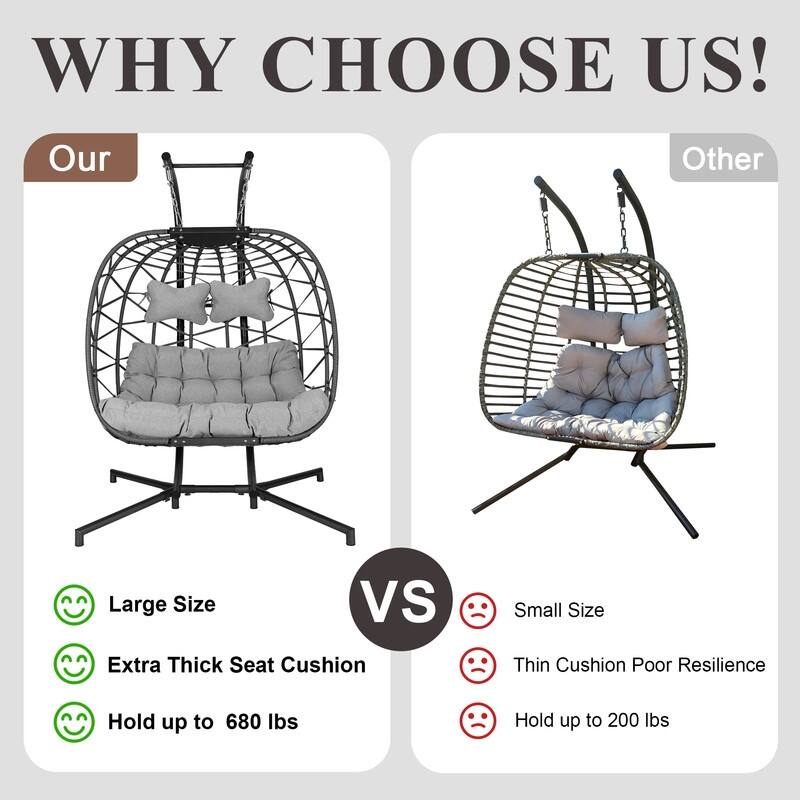 Oversized Outdoor Double Hanging Egg Chair with Cushions, Swing Chair for Indoor or Patio