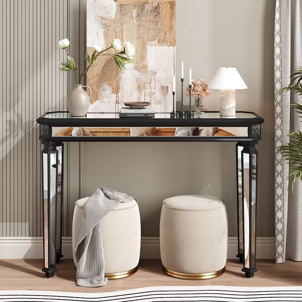 Roomfitters 48" Mirrored Console Table, Carved Wood Entryway Sofa Table with Silver Glass & Black Finish