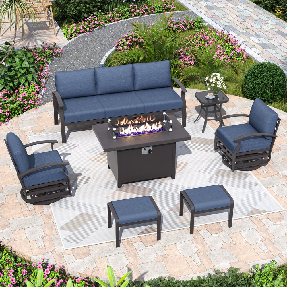 Aluminum Patio Furniture Set with Fire Pit, Ottomans & Rocking-Swivel Chairs, Modular Sofa with Thick Cushions