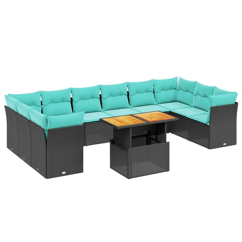 vidaXL 11 Piece Patio Sofa Set with Cushions Black Poly Rattan - 24.4 x 24.4 x 27.2